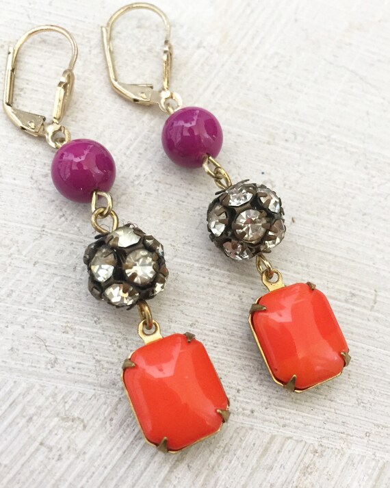Magenta and orange dangly earrings with vintage rhinestone