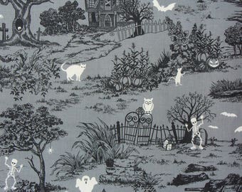 Graveyard Fabric, Halloween Fabric, Glow in the Dark, Haunted Houses, Tombstones and Black Cats, Black, Grey, and White, By the Yard