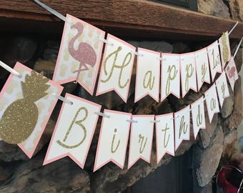 Pineapple Flamingo Pink and Gold Birthday Banner, Flamingo party, Pool party banner, Pineapple Party Banner