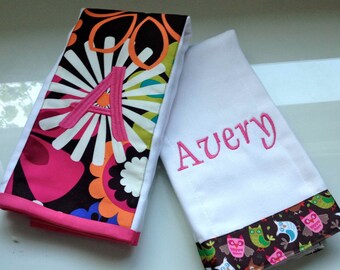 Bright Flowers and Owls Pair of Burp Cloth