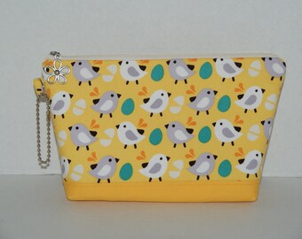 Large Padded Zipper Pouch/Pencil Case/Cosmetic Case with Pocket Made with Cotton Fabric "Chicks - Yellow"