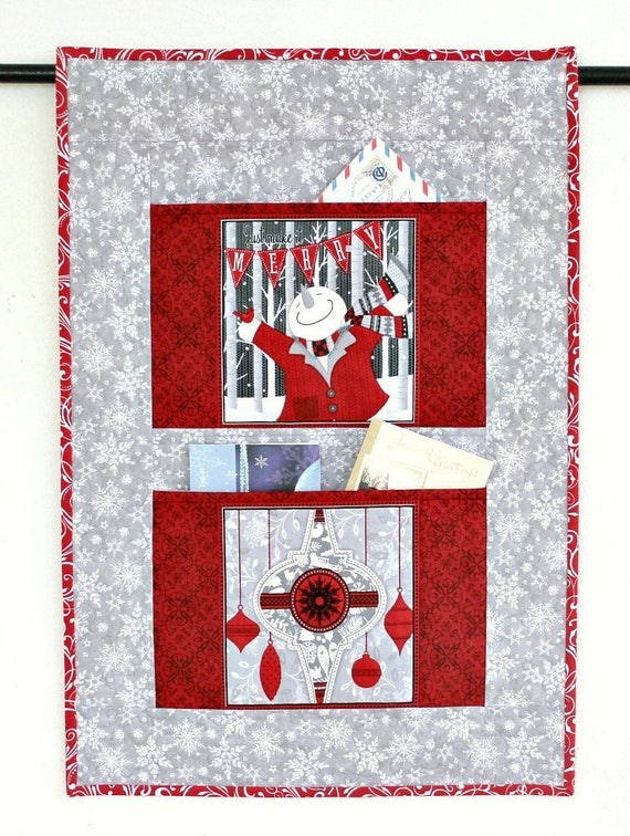 Christmas Card Holder Quilted Wall Hanging Grey Red Letter