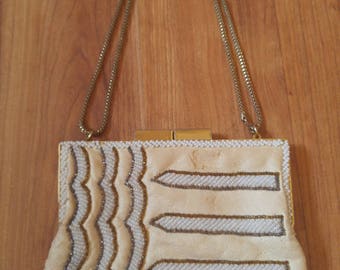 60s cream faux leather and beaded evening purse by Walbaeg made in Hong Kong