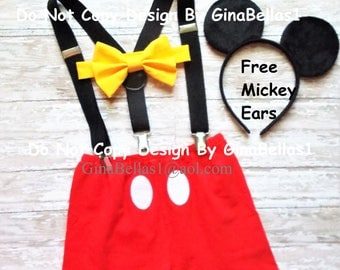 Mickey Mouse Birthday outfit cake smash costume boy bow tie SHORTS clubhouse FREE ears suspenders 1st 2nd 3rd 9 12 18 24 2T toddler SALE