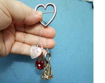 CHATELAINE Large Sterling Heart BROOCH w/ Large Silver Plate Wax Seal Stamp, Cut Glass Roses Heart, Queen Ann High Collar Mirrored Heart.