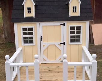 Outdoor playhouse with porch/playhouse/kids/outside/wood playhouse/shingled/two doors