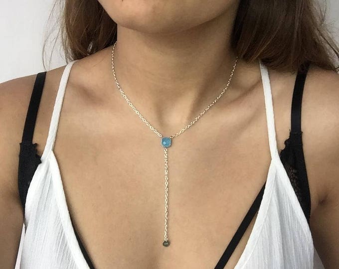 Dainty necklace,silver necklace,Y Lariat Necklace,Y Necklace,necklace choker,Y silver choker, ocean blue necklace,gift,girlfriend gift
