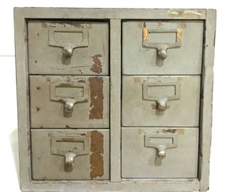 Library Card Catalog File Drawers Oak / Library Bureau / 6 drawer /Gray