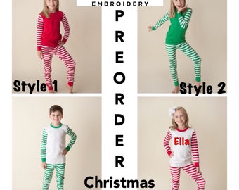 Matching Christmas pajamas top and pants sets micro stripe red & white stripes baby toddler kids monogrammed PJs cotton Monogram Xmas pyjama