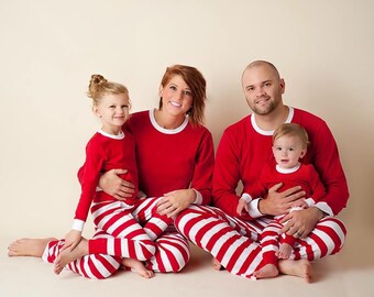 Christmas pajamas Family PJs Embroidery monogram or appliqué red green white stripes polka dots embroidered vinyl personalized