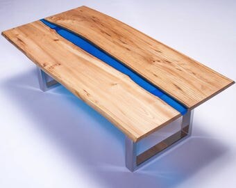 Resin river Coffee Table- The Original Handmade Natural Live Edge Elm wood slab table with Resin River on Steel legs