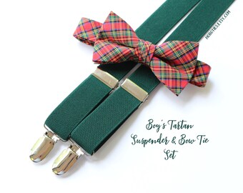 Boys Suspender and Bow Tie Set~Boys Tartan Bow Tie~Christmas Tie~Holiday Outfit~Boys Suspenders~Boys Bow Tie~Winter Wedding~Winter Pictures