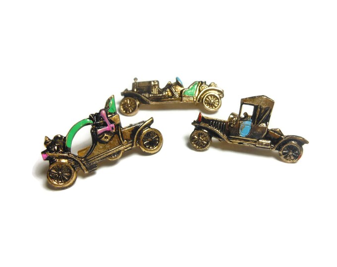 Car scatter brooches, antique cars, enamel on gold, tie tacks lapel pins, runabouts phaetons touring cars Pierce Arrow Motor Hansom Model T