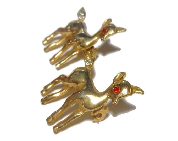 Deer scatter brooches, tie tacks lapel pins, pair fawn baby deer, doe gold tone with red rhinestone eyes and clear rhinestone tails, forest