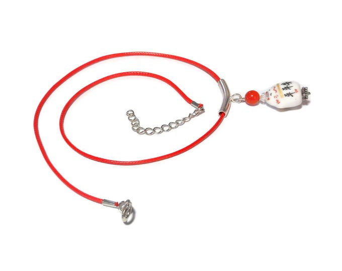 FREE SHIPPING Maneki Neko good luck necklace, Kawaii cat bead, Swarovski crystal and red coral bead, red cord, Kanji Japanese symbols