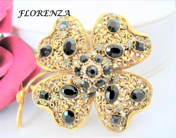 Florenza Rhinestone Brooch - Black Gray Stones - Gold Filigree - Flower Shaped