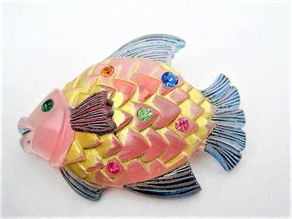 Colorful Fish Brooch - Rhinestone Enhanced - Gold Washed- Bright Fish Pin