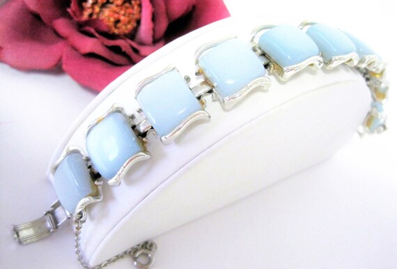 Blue Moonglow Bracelet - Coro Pegasus Lucite Thermoset - Vintage Retro Silver Tone - Safety Clasp