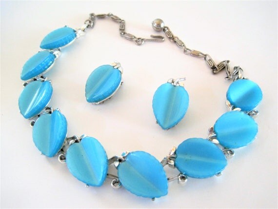 Aqua Lucite Necklace Set, Signed Lisner, Blue Lucite, Mid Century Choker Earrings