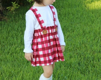 Buffalo Check High Waisted Suspender Skirt Girls Toddler Wood Buttons