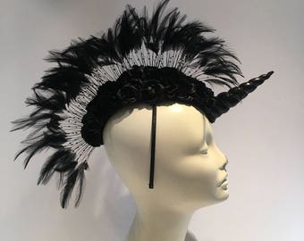 Unicorn Headpiece- Unicorn Headdress- Black Fascinator -Burner wear- Unicorn Headband- Feather headpiece- Warrior headdress - Fairytail