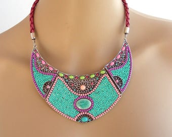 Multicolored bib - braided, ceramic and leather beads - Turquoise necklace