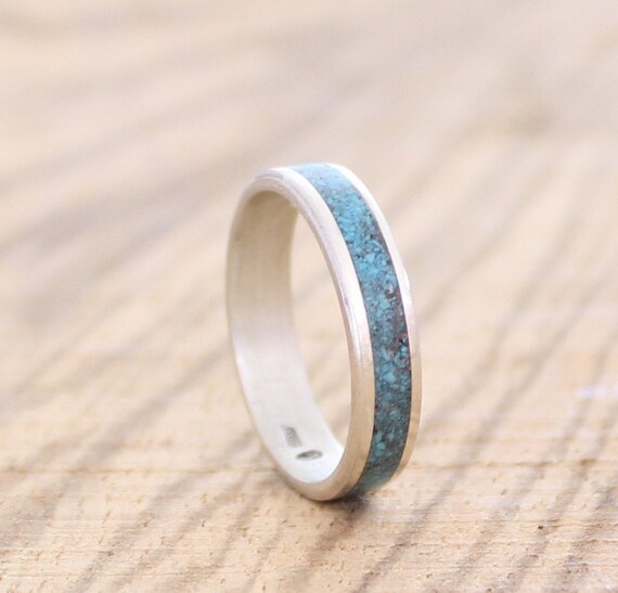 Mens Ring Women Band Silver Wedding Ring with Turquoise