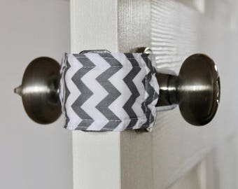 Grey Chevron door latch cover for classrooms, school, teachers, school rooms.