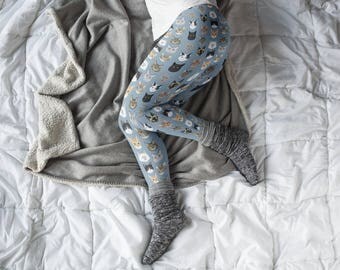 Yellow Doodle Cat Print Women's Leggings