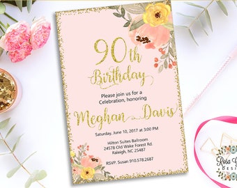 90th BIRTHDAY INVITATION - Birthday Party Invitation - Digital File - Fully Customized - 90 and fabulous - Shabby Chic Flowers
