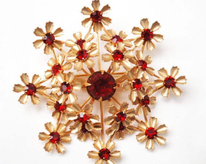 Vintage Large Flower Brooch - Red Rhinestone - slightly domed - gold flower - Mid Century floral pin - Atomic