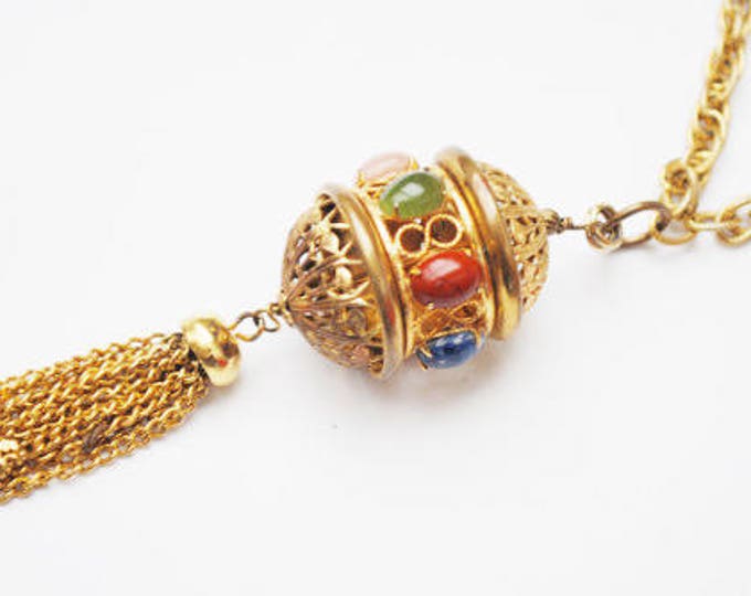 Gemstone gold tassel necklace - gold filigree open caged - sodalite tiger eye jade rose quartz carnelian