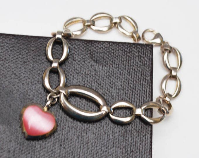 Sterling Heart charm Bracelet - Pink glass and silver charm - Heavy silver Link chain - Pink Enamel -