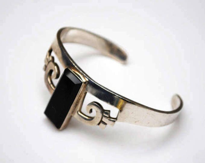 Sterling Onyx Cuff Bangle - Taxco Mexico - Silver - Black gemstone -Tribal Bracelet