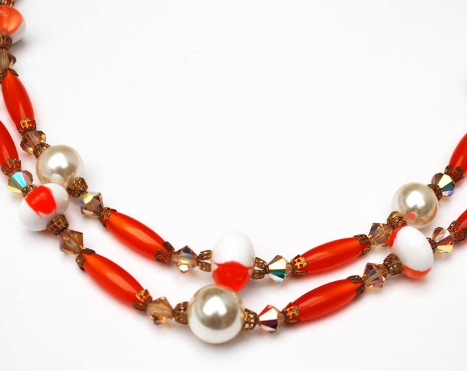 orange white bead necklace earring set - Lucite plastic - crystal glass - pearls - Mid century