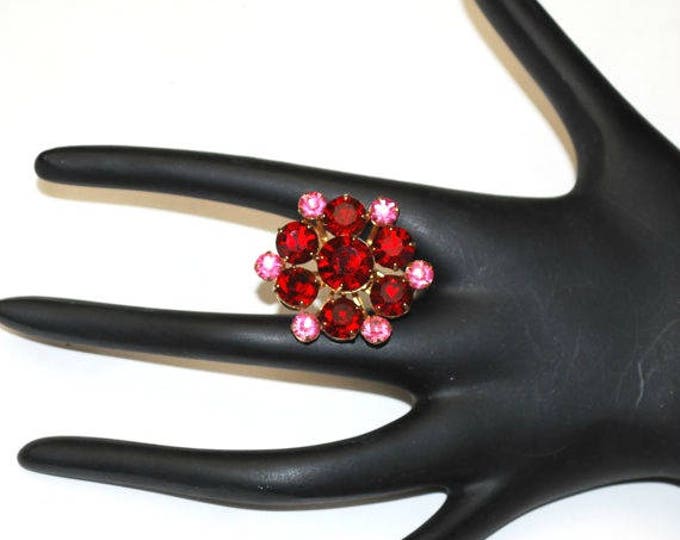 Coro Rhinestone Brooch - Ruby Red and Pink - Flower Floral - Atomic - mid Century pin