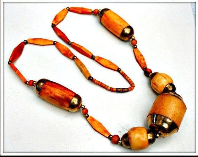 Boho Orange Bone Necklace - Chunky Brass and bone bead - Hippie - Tribal necklace