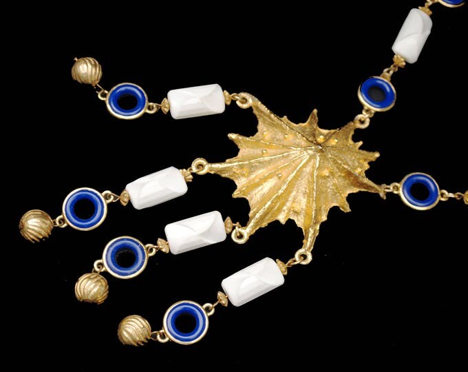 Gold white blue Mod Statement necklace - Tassel - Gold plated - blue white plastic - domed triangle
