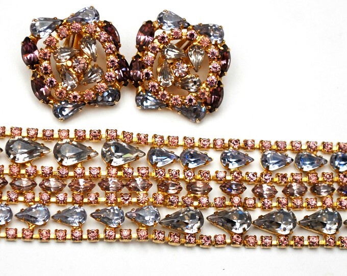Alice Caviness Rhinestone Bracelet and Earrings - lavender and Pink Crystal - gold tone - Saftey chain -