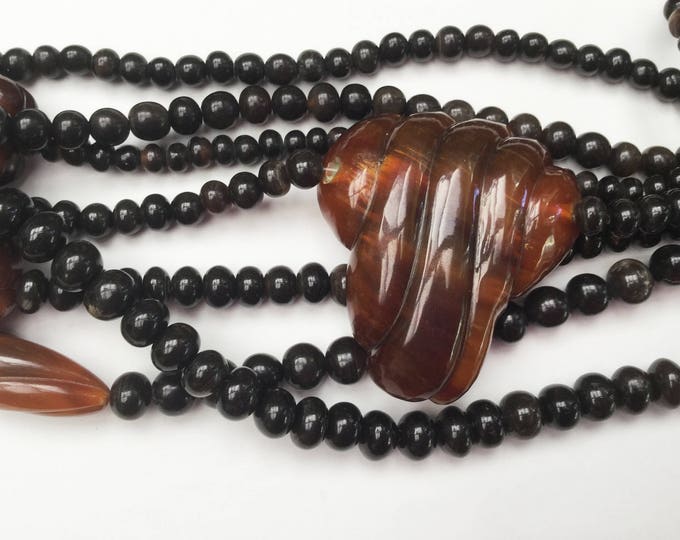 Chunky Boho Bead torsade Necklace - multi strand - Gerda Lynggaard Monies Style - Black Brown marble Resin Beads - Statement neckace