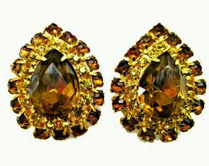 Brown yellow Rhinstone Earrings - Pear shape topaz crystal - gold - clip on earrings