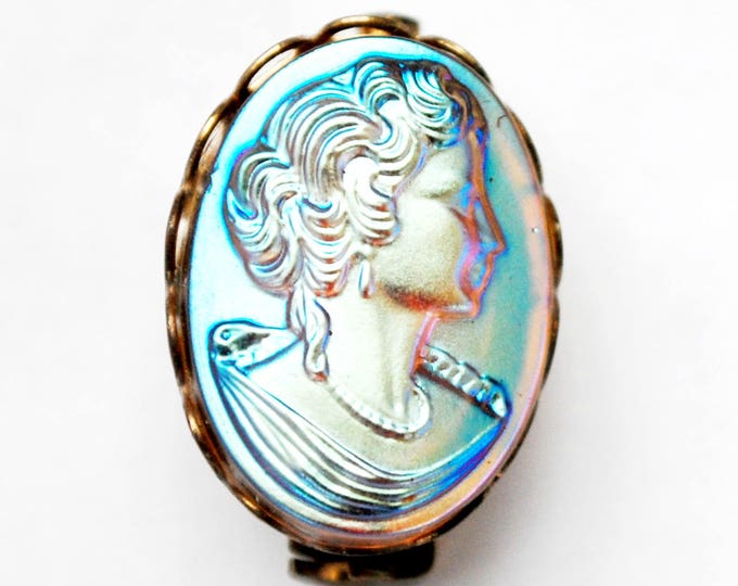 Small Glass Cameo Brooch - molded glass - Gold Metal - blue iridescent women profile - oval pin