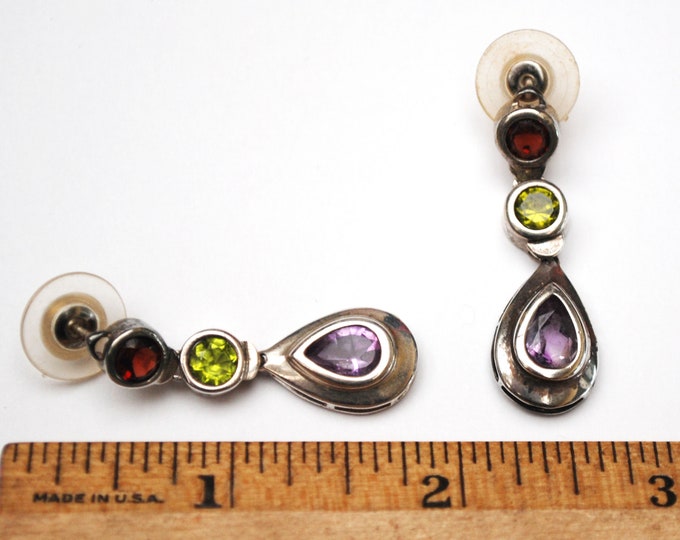Multi gemstone Sterling dangle Earrings - Purple amethyst -Green peridot - Red garnet - drop pierced earrings