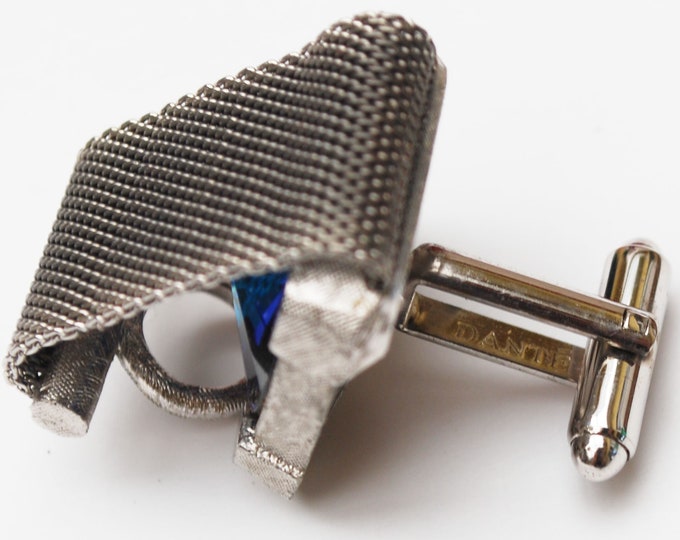 Blue Rivoli Cuff link - Signed Dante - silver metal mesh -glass crystal - Rhinestone cuff links