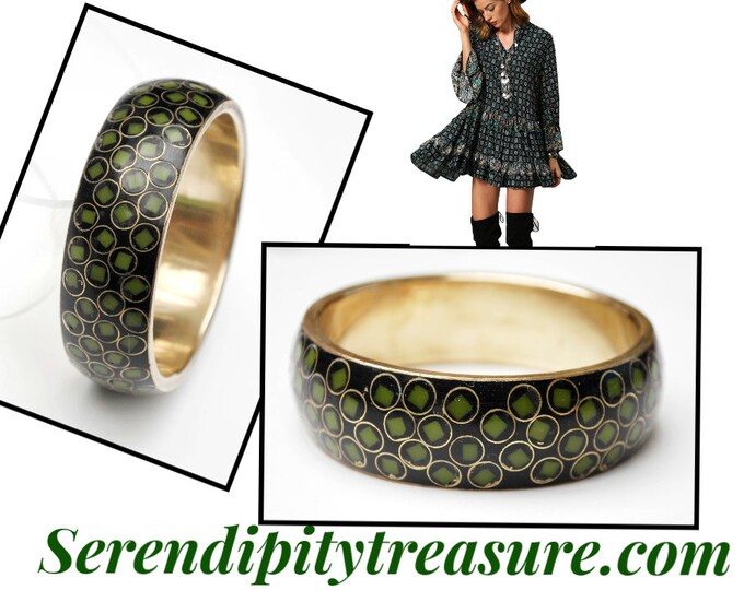 Brass bangle - Green Enameling Gold Polka dot -Boho bracelet