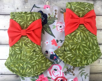 Rosy Posy Bow suck drool chew pads with ribbons reversible, rosey posey, made to fit: Kinderpack, ergo, tula, lillebaby baby carrier