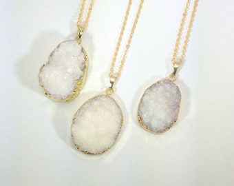 10% off CIJ SALE White Druzy Necklace White Druzy Pendant Druzy Gold Dipped White Druzy Geode Necklace Teardrop Druzy Jewelry Mineral Neckla