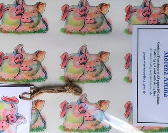 Pig Wrapping paper recycled Two tags Pig gift wrap, gift paper, gift tags