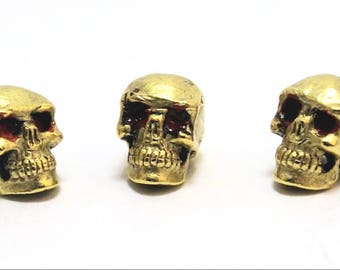 3 Gold Tone Pewter Red Eyed SKULL Beads - 12mm bead with 1.4mm HOLE- 1981
