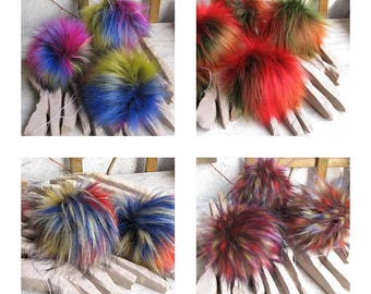 Four Faux fur Pom pom, Colorful Fur Pom Pom for knit Hats, Soft Detachable pompom, Each pompon different